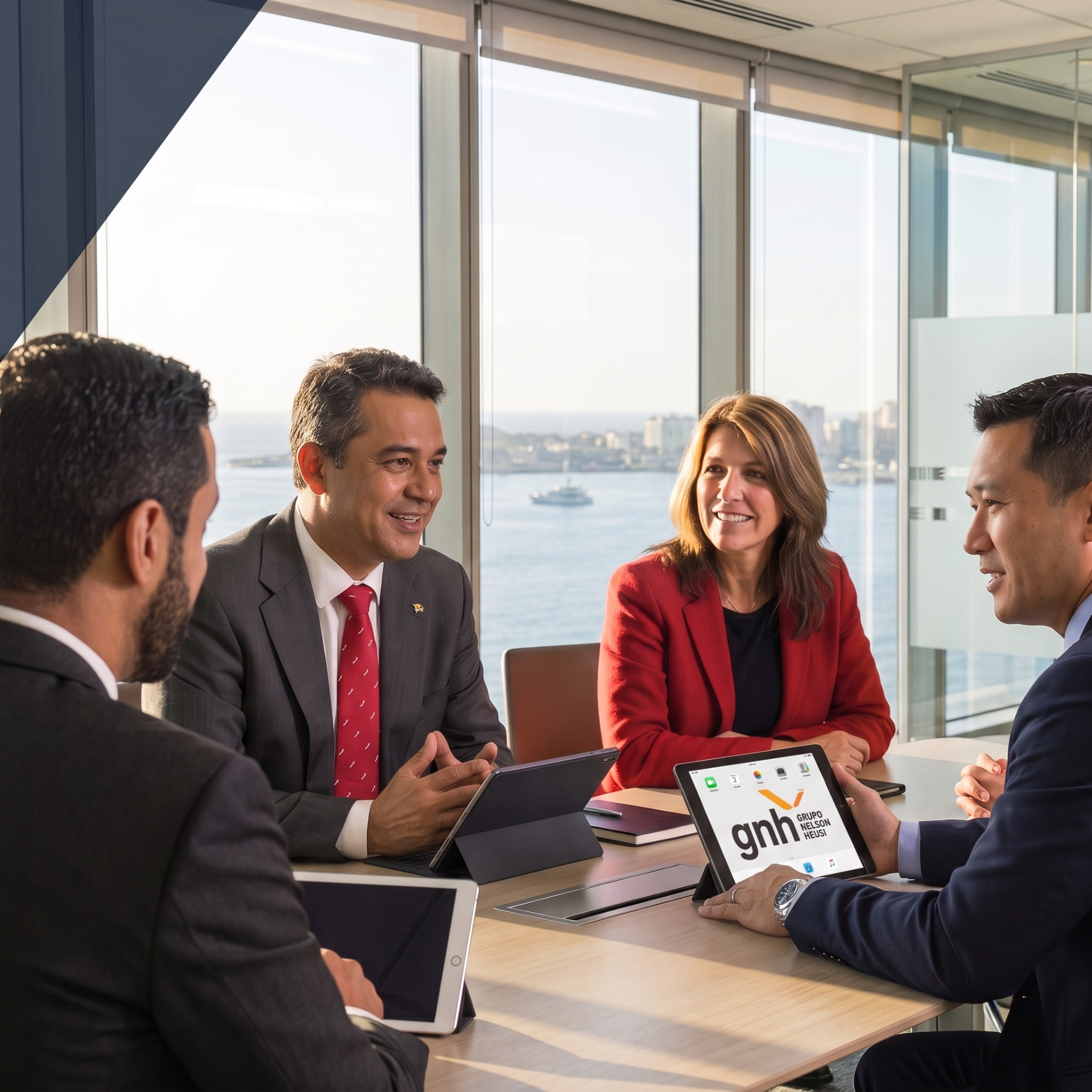 Equipe do Grupo Nelson Heusi em reunião com vista para o porto